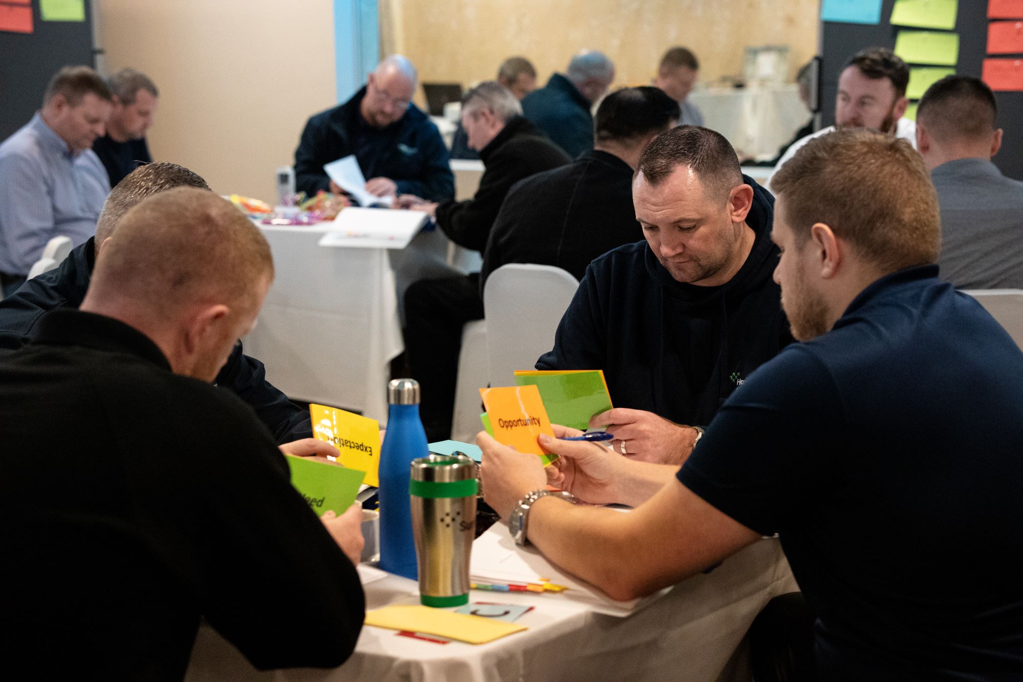 Team sitting around table during training